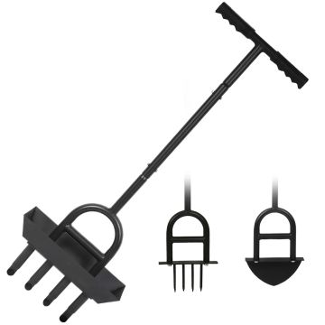 Aeroforge - Arieggiatore per Prato Manuale 3 in 1 con Aeratore a 4 Punte Pala a Mezzaluna e Carotaggio con Vassoio di Stoccaggio Nero Boudech Nero