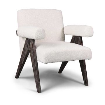 Avana - Poltrona in legno massello di Parawood e tessuto bouclè antimacchia Frankystar Bianco