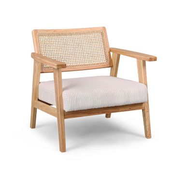 Artena - Poltrona in legno massello di Parawood con innesti in polyrattan e seduta in velluto a coste Frankystar Bianco fumo