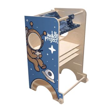 Castle Gate - Torre Montessori multifunzionale 3 in 1 per bambini a partire dai 24 mesi, 58x50x90 cm con lavagna e cestino in legno The Indigo Project Blu