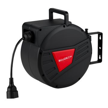 Denki 15 - Avvolgicavo Elettrico Automatico da Parete 15 m per esterno interno 250V Attacco Shuko in Polypropylene Nero Boudech Nero