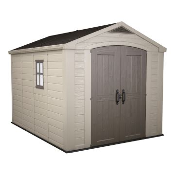Factor 8x11 - Casetta da Giardino 256,50x243x331,50 cm 2 Ante per deposito attrezzi finitura effetto legno  in Resina Beige Keter Beige