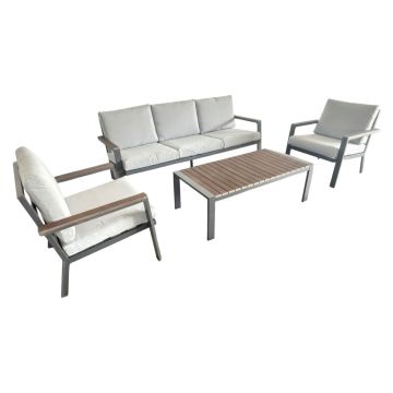 Ikigai - Set Salotto da Giardino Divano 3 Posti 2 Poltrone e Tavolino con Cuscini in Alluminio e Legno Plywood Frankystar Grigio 60%
