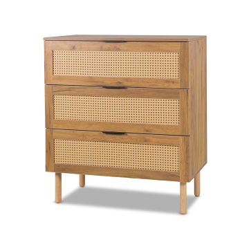Mang - Comò a 3 cassetti in legno e rattan, cassettiera // Prodotto ricondizionato Frankystar Pino