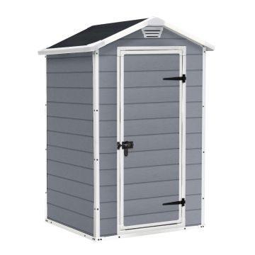Manor 4x3 - Casetta da Giardino 129x196x103 cm 1 Anta per deposito attrezzi finitura effetto legno graffiato in Resina Grigio Keter Grigio 30%