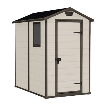Manor 4x6 - Casetta da Giardino 130x198x192 cm 1 Anta per deposito attrezzi finitura effetto legno graffiato in Resina Beige Keter Beige