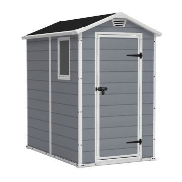 Manor 4x6 - Casetta da Giardino 130x198x192 cm 1 Anta per deposito attrezzi finitura effetto legno graffiato in Resina Grigio Keter Grigio 50%