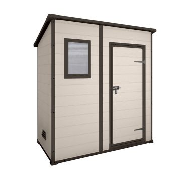 Manor Pent 6x4 - Casetta da Giardino 183,50x200,50x111 cm 1 Anta per deposito attrezzi finitura effetto legno graffiato in Resina Beige Keter Beige