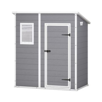 Manor Pent 6x4- Casetta da Giardino 183,50x200,50x111 cm 1 Anta per deposito attrezzi finitura effetto legno graffiato in Resina Grigio Keter Grigio 50%