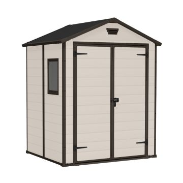 Manor 6x5 - Casetta da Giardino 185x226x152 cm 2 Ante per deposito attrezzi finitura effetto legno graffiato in Resina Beige Keter Beige