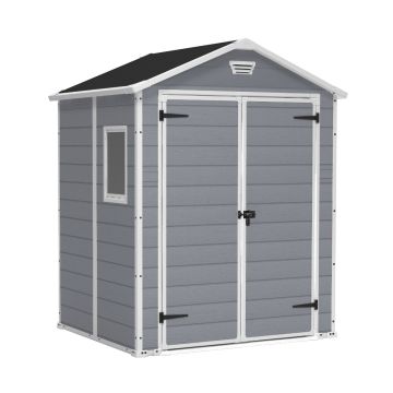 Manor 6x5 - Casetta da Giardino 185x226x152 cm 2 Ante per deposito attrezzi finitura effetto legno graffiato in Resina Grigio Keter Grigio 50%