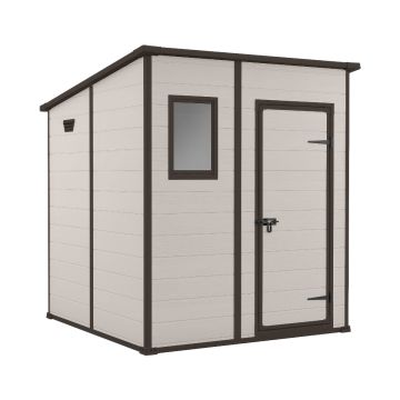 Manor Pent 6x6 - Casetta da Giardino 183,50x200x185 cm 1 Anta per deposito attrezzi finitura effetto legno graffiato in Resina Beige Keter Beige