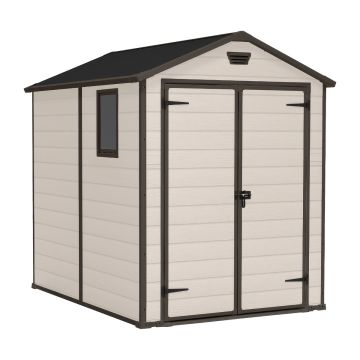 Manor 6x8 - Casetta da Giardino 185,80x227x236,80 cm 2 Ante per deposito attrezzi finitura effetto legno graffiato in Resina Beige Keter Beige