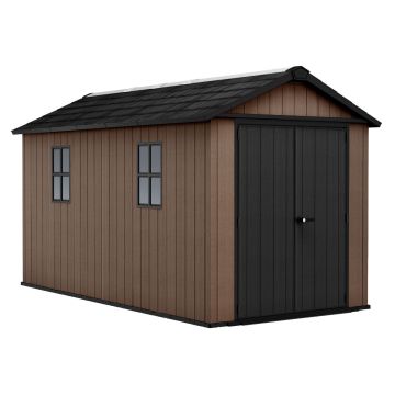 Newton + 7513/1375- Casetta da Giardino 413x246x230 cm 2 Ante per deposito attrezzi finitura effetto legno Evotech+ in Resina Marrone e Nero Keter Marrone