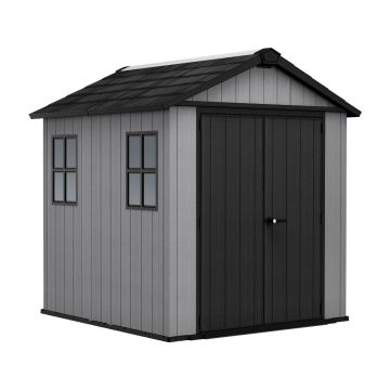 Newton + 757/775 - Casetta da Giardino 223x246x230 cm 2 Ante per deposito attrezzi finitura effetto legno Evotech+ in Resina Grigio e Nero Keter Grigio 50%