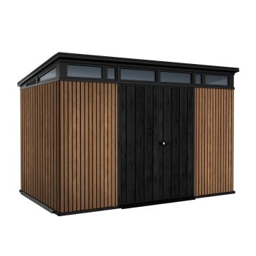 Pent 11x7 - Casetta da Giardino 342x226x218 cm 2 Ante per deposito attrezzi finitura effetto legno Evotech+ in Resina Marrone e Nero Keter Marrone