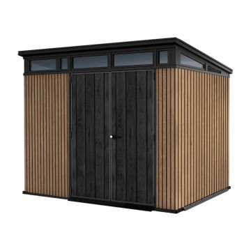 Pent 9x7 - Casetta da Giardino 279x226x218 cm 2 Ante per deposito attrezzi finitura effetto legno Evotech+ in Resina Marrone e Nero Keter Marrone