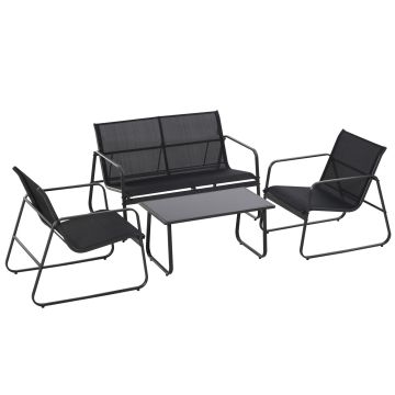 Sakura - Set Da Giardino Di Design Con Divanetto + 2 Poltrone + Tavolino In Ferro Battuto E Vetro Temperato Frankystar Nero