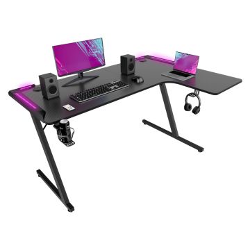 Shigeru - Scrivania da Gaming Angolare 140x99x76 cm con LED in MDF e Metallo Nero Frankystar Nero