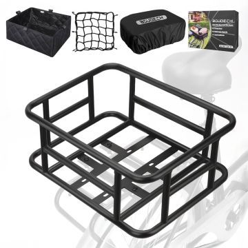Keeper - Cestino Posteriore per Bicicletta Portaoggetti con Tasca in Stoffa Rete Elastica e Copertura in Metallo Nero Boudech Nero